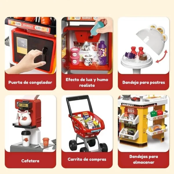 Accesorios de supermercado de juguete infantil con dinero, alimentos, cafetera, postres, refrigeradora y tarjetas