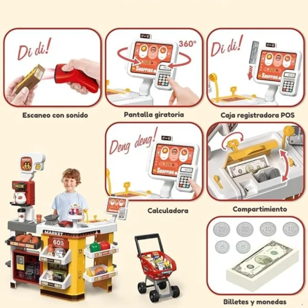 Juguete supermercado con carrito, caja registradora y accesorios para ninos y ninas