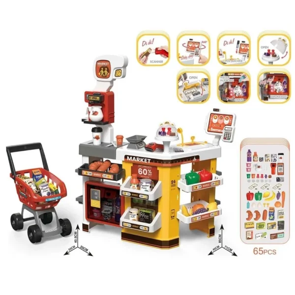 Supermercado infantil de juguete con carrito, caja registradora y accesorios