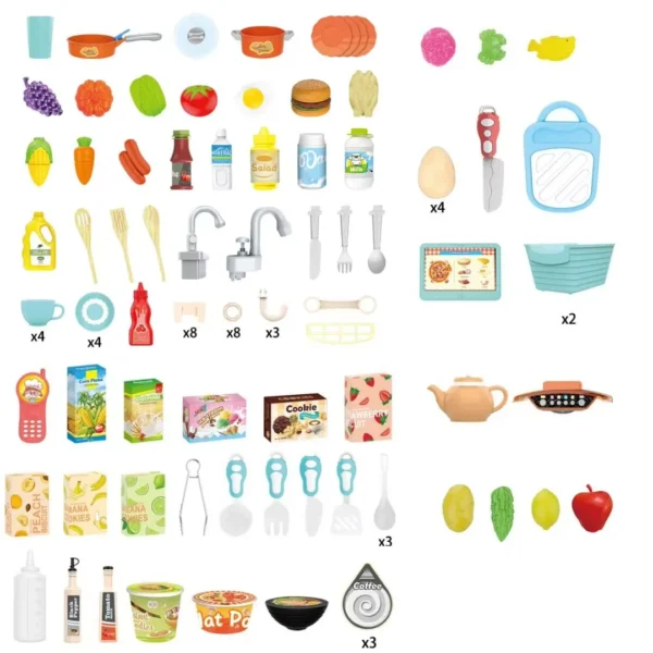 Accesorios de cocina grande de juguete con ollas, sarten, cano, alimentos, utensilios, hielo, agua.