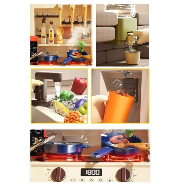 Accesorios de cocina de juguete infantil ollas, sarten con humo, hielo, agua.