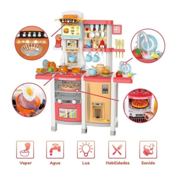 Cocina interactiva con agua, vapor, luz, y sonido de 65 piezas rosada