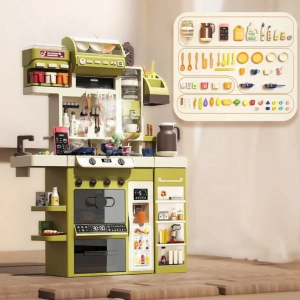 Accesorios de cocina de juguete infantil ollas, sarten con humo, hielo, agua.