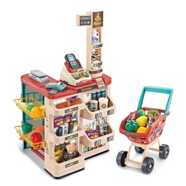 Supermercado con caja registradora y carrito de compras