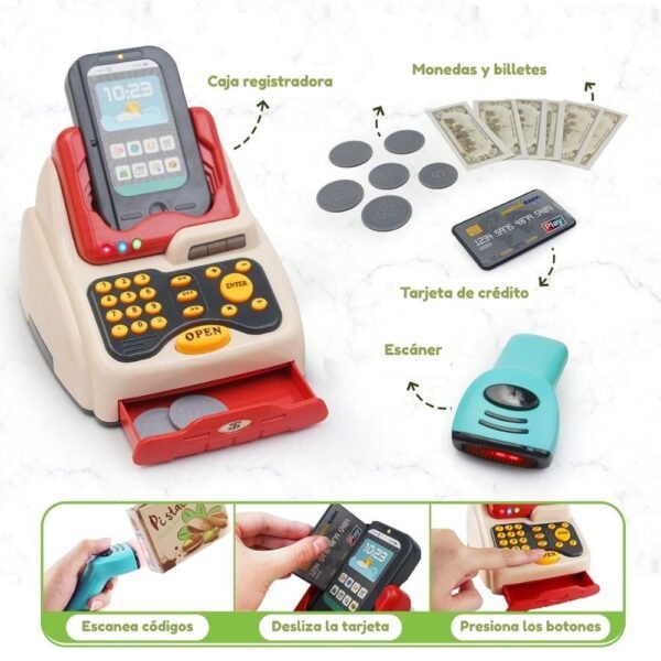 Supermercado con caja registradora y carrito de compras