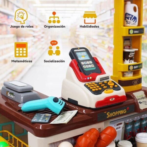 Supermercado con caja registradora y carrito de compras