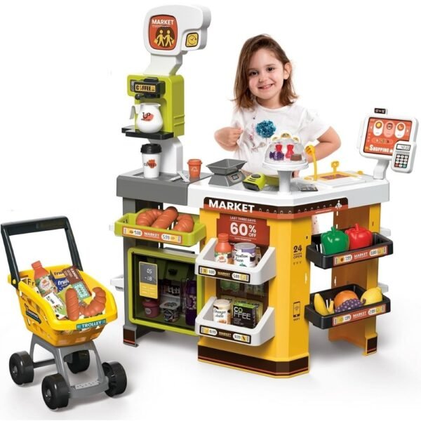 Supermercado interactivo con carrito de compras verde