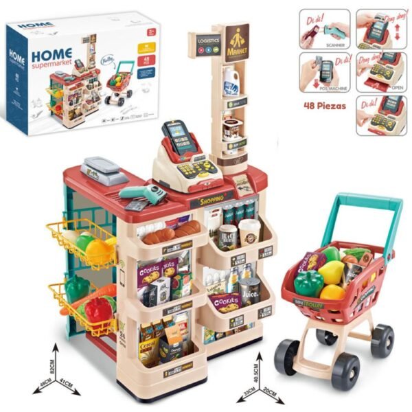 Supermercado con caja registradora y carrito de compras