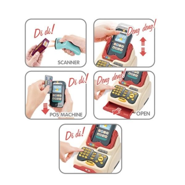 Supermercado con caja registradora y carrito de compras