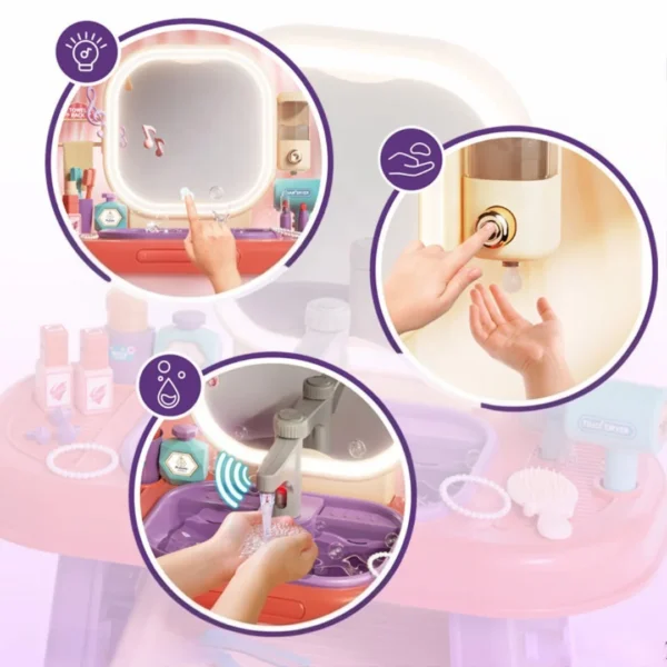 Tocador con espejo, sensor, agua, y sonido